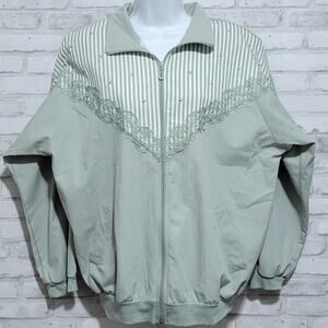Vtg Rafael Green Striped Rhinestone Embroidered Zipper Jacket Womens Large